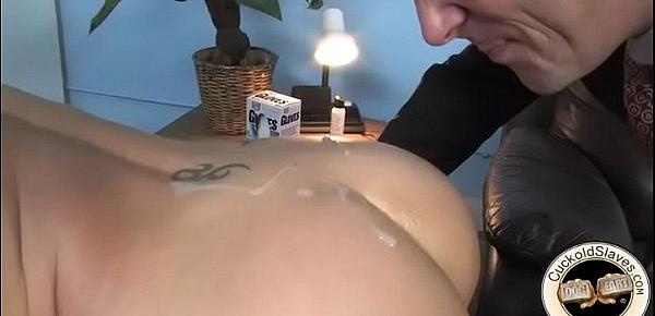  Black bull fucks wife over desk and cums all over her back for hubby to eat